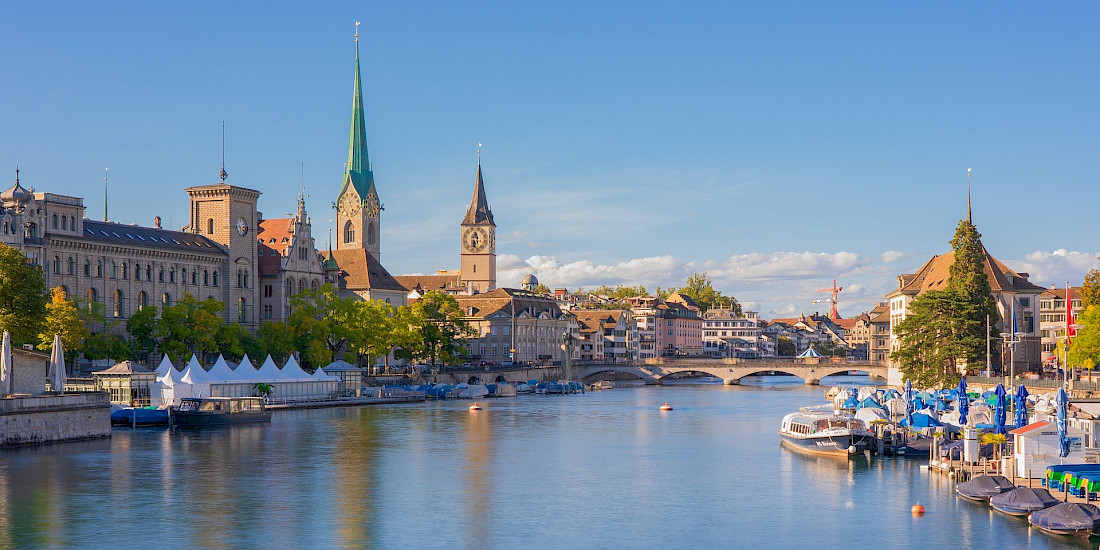 Zurich sits on the Limmat River that divides the cities medieval Old Town.