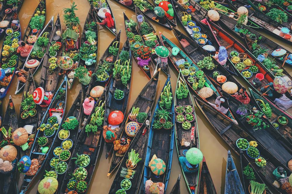 Floating markets in the Mekong Delta.