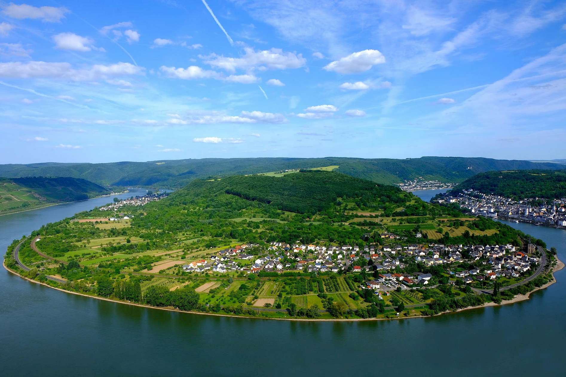 An aerial photo of the Rhine River which is one of many beautiful landscapes enjoyed by travelers in Tours of Distinction's group tours for seniors.